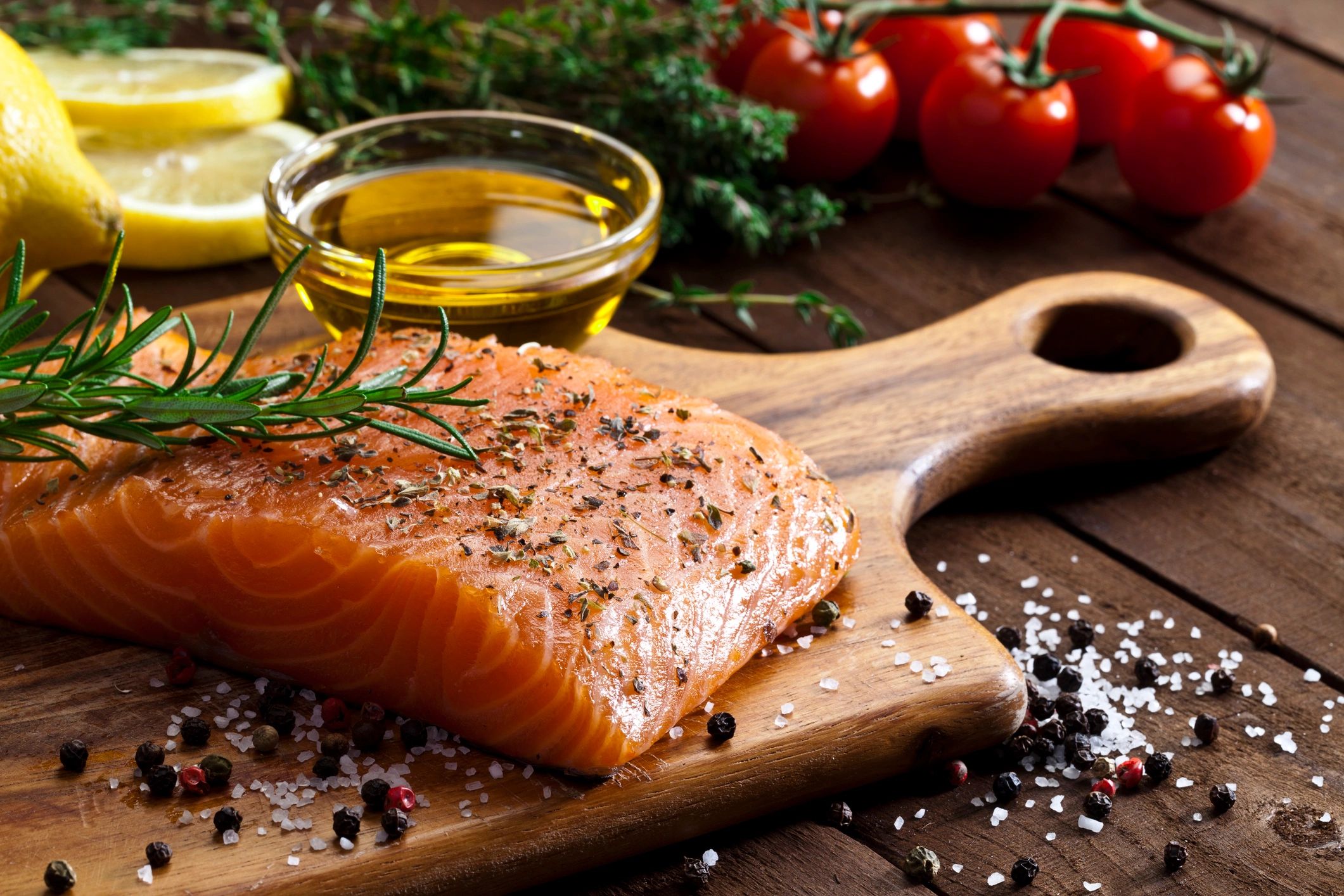 Raw salmon steak with ingredients